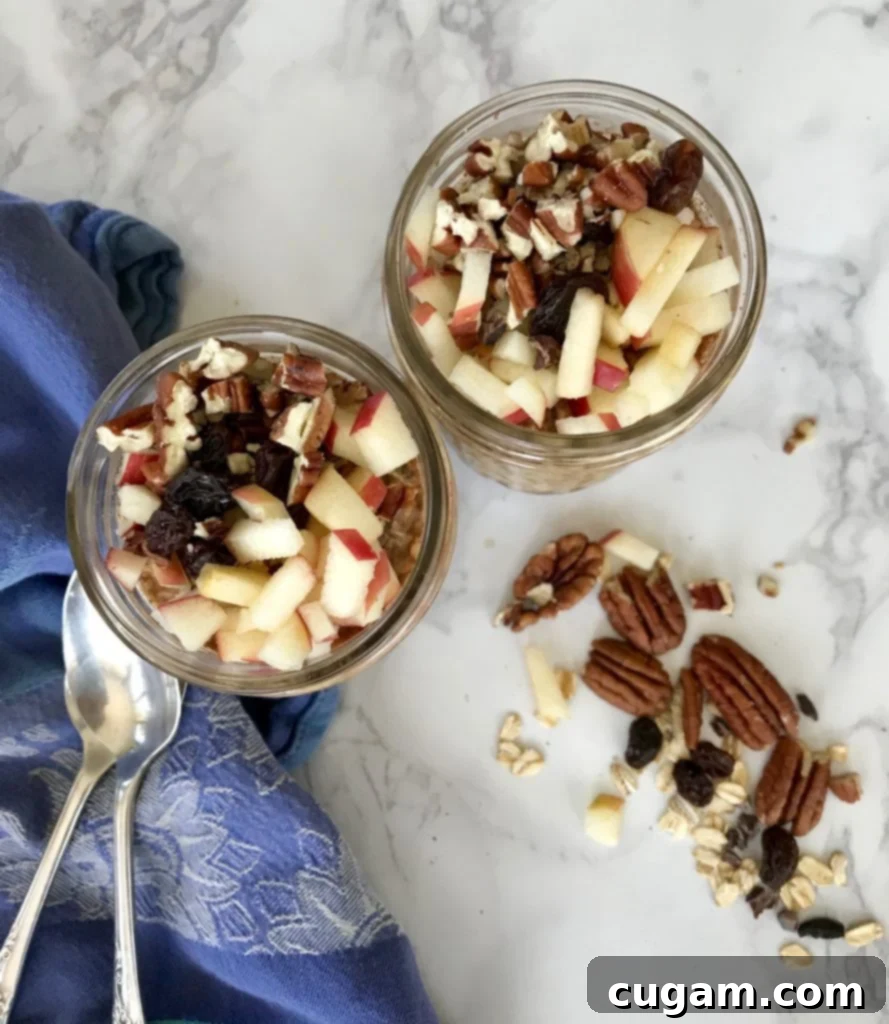 Gingerbread Overnight Oats with various healthy toppings like pecans, apples, and cacao nibs.