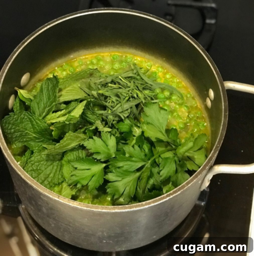 Gorgeous bright green soup simmering in a pot with tons of fresh herbs, ready to be blended.