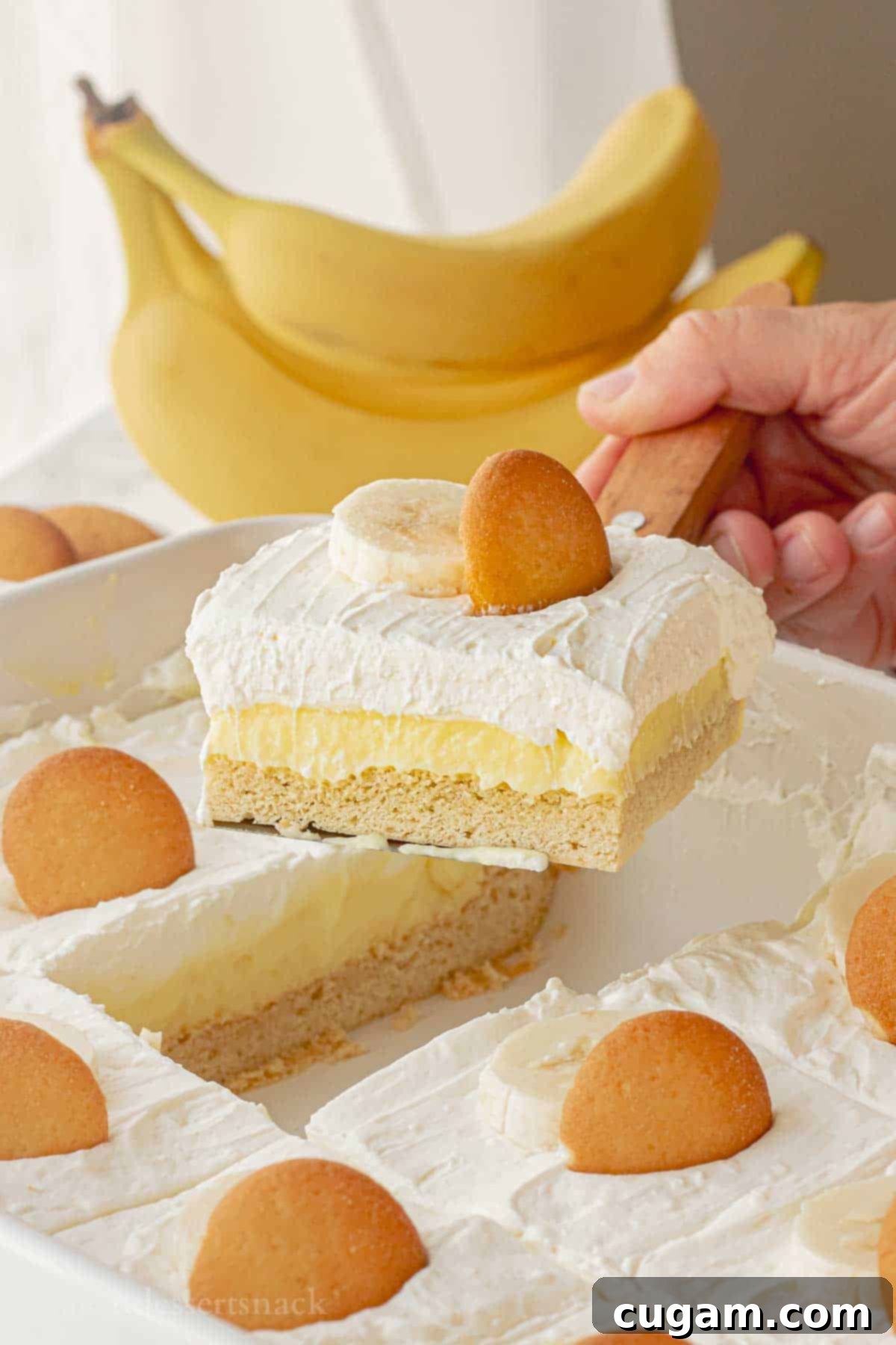 Spatula holding a perfect slice of homemade Banana Cream Pie Bar, showcasing the distinct layers, above a ceramic pan filled with more bars.