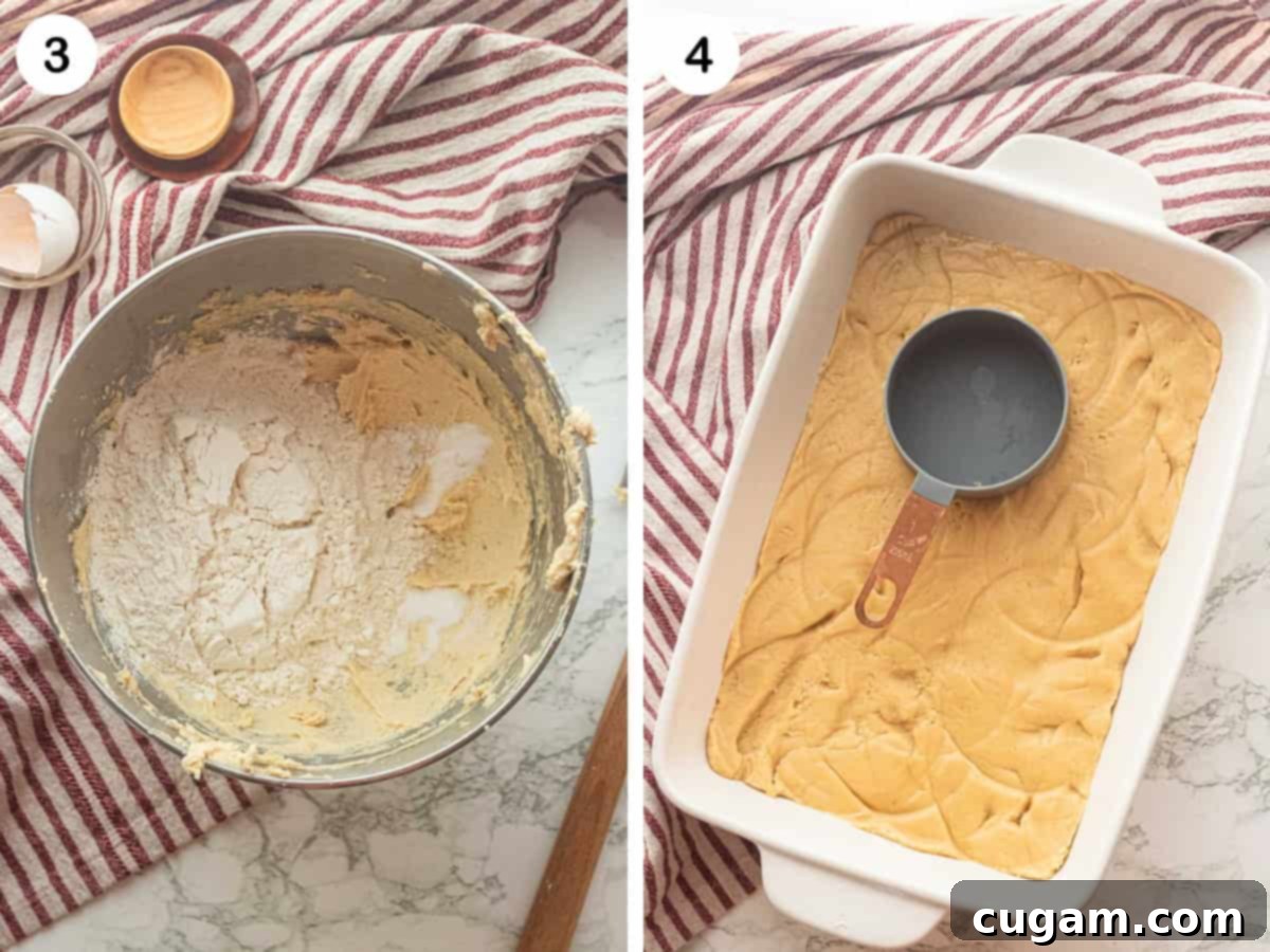Step 3: All-purpose flour, salt, and baking soda added to the wet ingredients in a metal bowl. Step 4: The prepared baking pan with the cookie dough evenly pressed in, ready for baking.