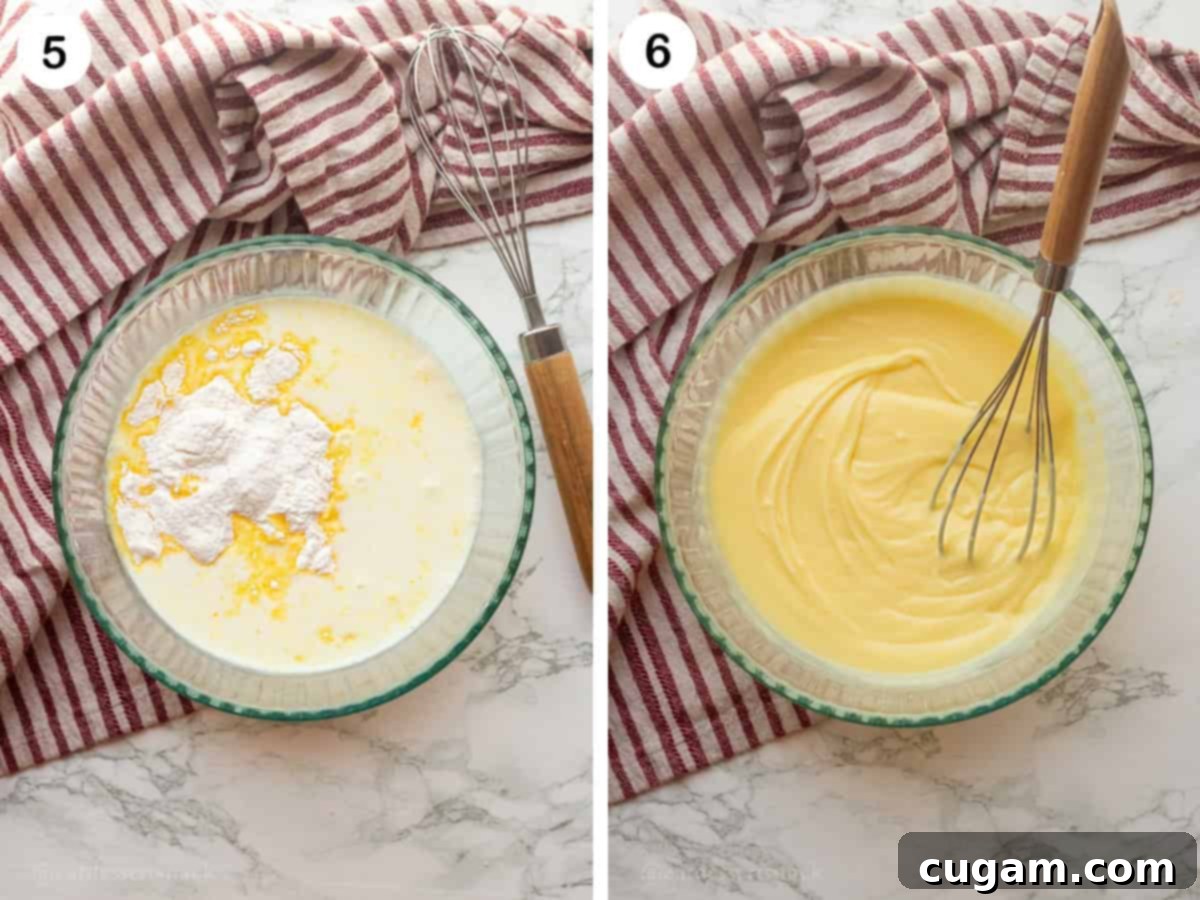 Step 5: Instant banana pudding mix and cold milk being combined in a clear glass mixing bowl. Step 6: A wire whisk stirring the banana pudding, showing its thickening consistency in the glass bowl.