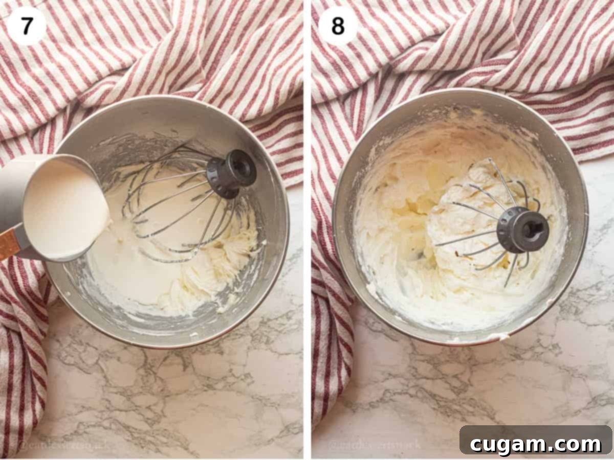 Step 7: Room temperature cream cheese, vanilla, and powdered sugar being creamed together with a whisk in a metal mixing bowl. Step 8: Cold heavy whipping cream being gradually added to the cream cheese mixture, then whipped to fluffy peaks.