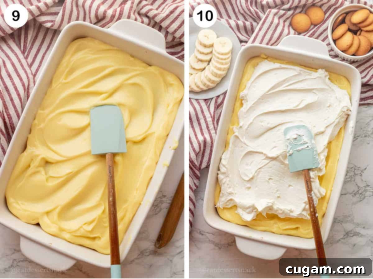 Step 9: A spatula evenly spreading the thick banana pudding mix onto the completely cooled sugar cookie crust in a ceramic pan. Step 10: A spatula carefully spreading the fluffy whipped cream cheese topping over the banana pudding layer.
