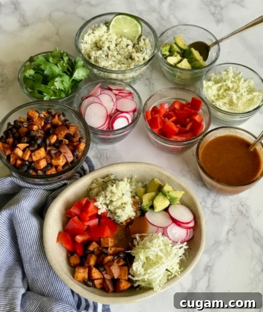 An enticing arrangement of small bowls filled with vibrant, freshly chopped vegetables, including bell peppers, radishes, and shredded cabbage, all ready to be assembled into a customizable vegan enchilada bowl.
