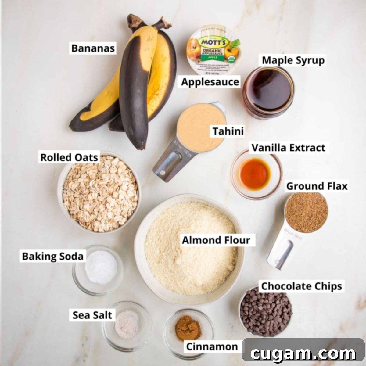 Labeled ingredients: bananas, apple sauce, tahini, oats, almond flour, flax, chocolate chips, vanilla, maple syrup.