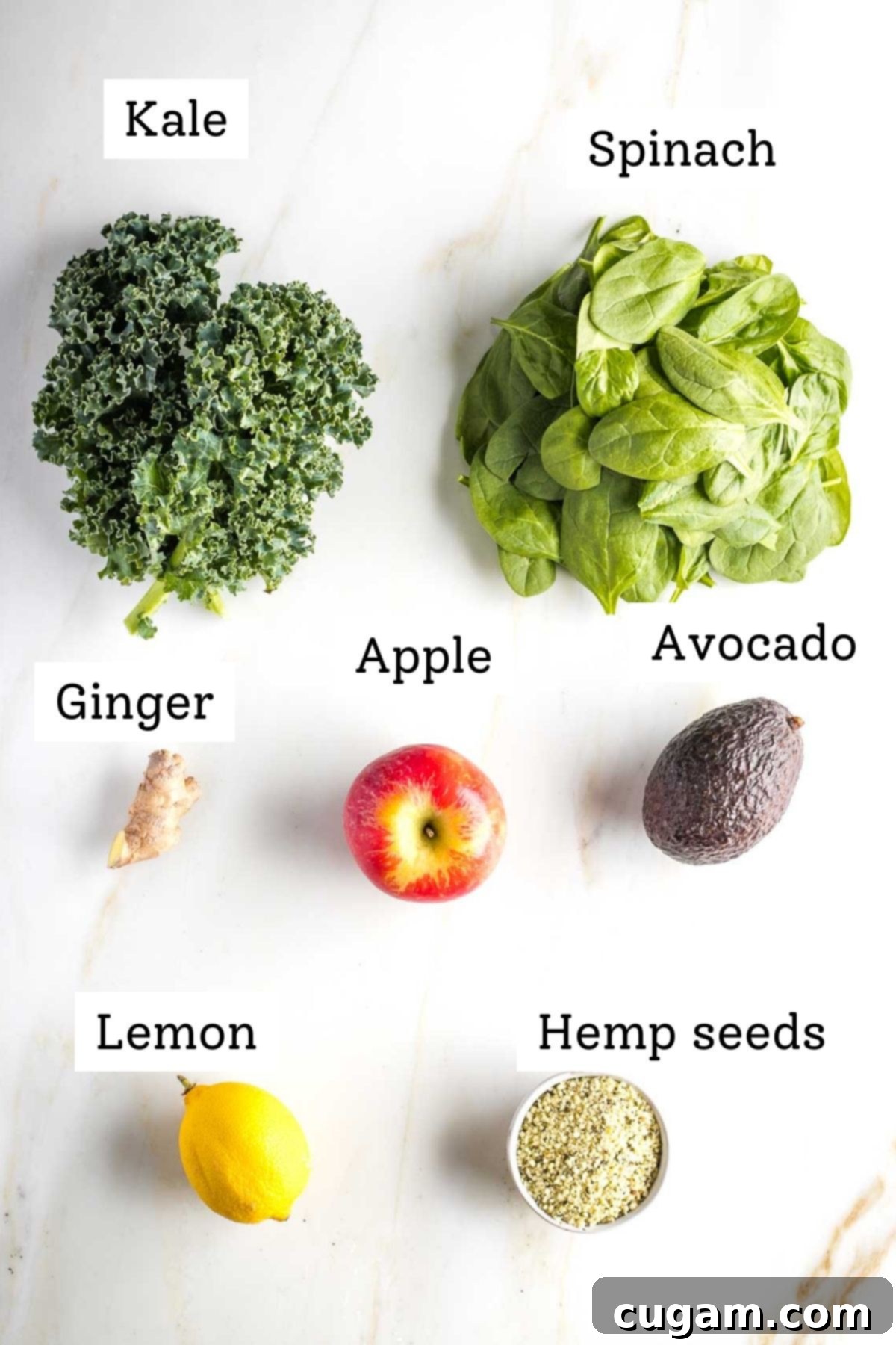 Labeled ingredients: kale, spinach, ginger, apple, avocado, lemon and hemp seeds.