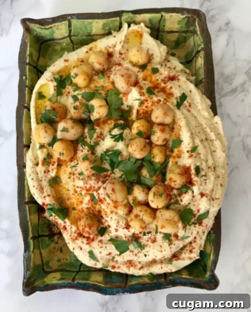 A beautifully styled serving of healthy hummus, garnished with fresh herbs and a drizzle of olive oil, alongside pita bread and fresh vegetables.