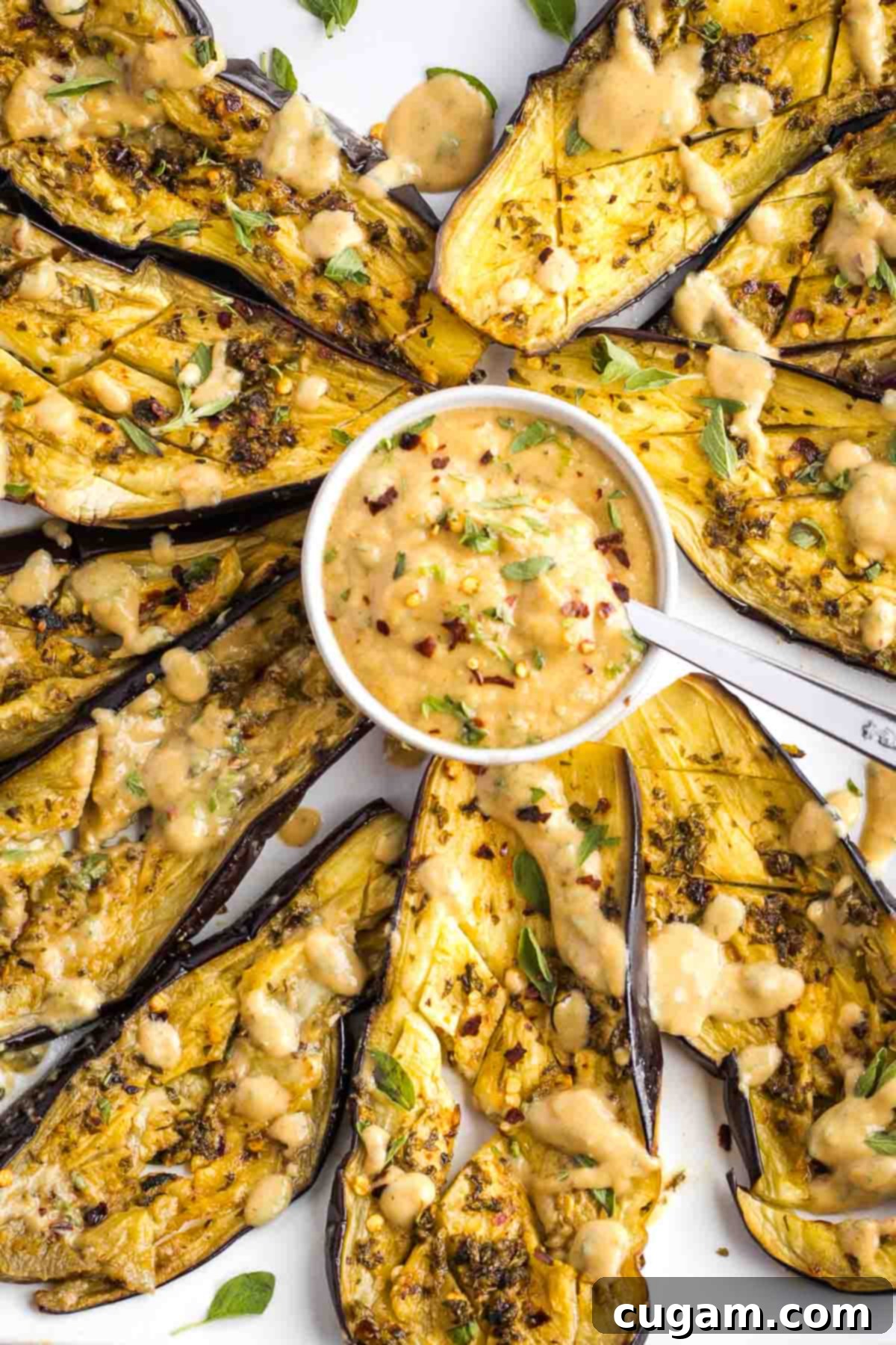 Roasted eggplant slices with fresh herbs, drizzled with tahini and a dish of more tahini with red peppers and herbs.