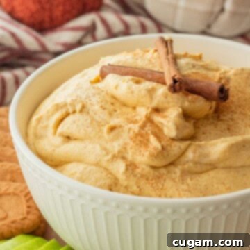 Irresistible Pumpkin Cream Cheese Dip 11 Whipped pumpkin cream cheese dip in white bowl with cinnamon sticks.