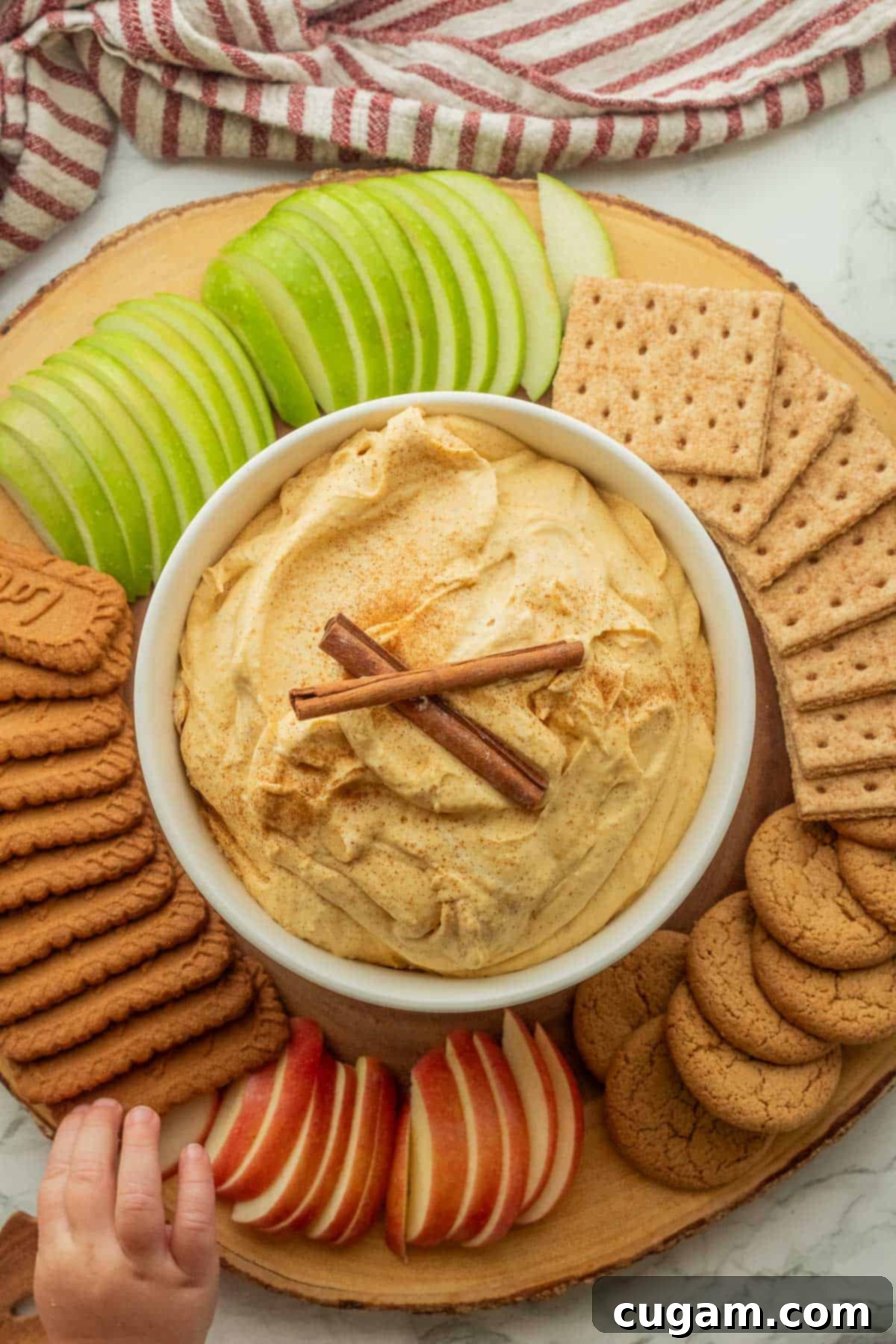Irresistible Pumpkin Cream Cheese Dip 9 A pristine white bowl filled with creamy pumpkin fluff dip, elegantly displayed on a rustic wood tray alongside crisp sliced apples and delectable ginger cookies, ready to be enjoyed.