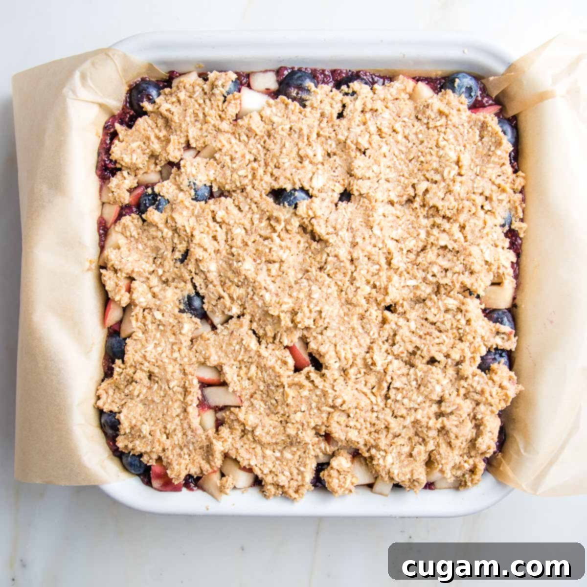 Crumble batter spread on top of fruit and blueberries, forming the top layer.