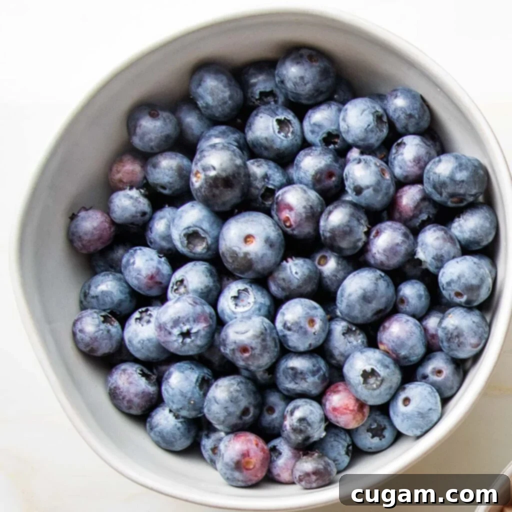 Close up of a white bowl filled with fresh blueberries, highlighting their vibrant color and plump texture.