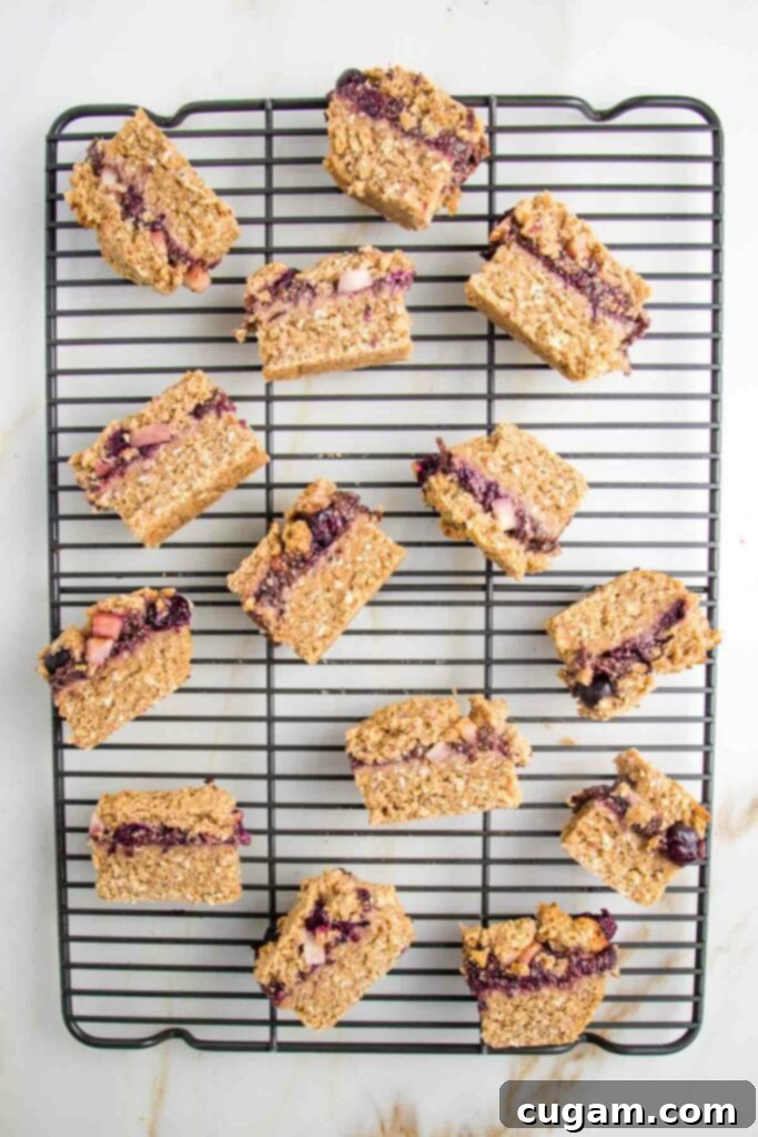 blueberry bars turned onto their sides so you can see the jammy inside. They are on a wire rack on a white kitchen counter.