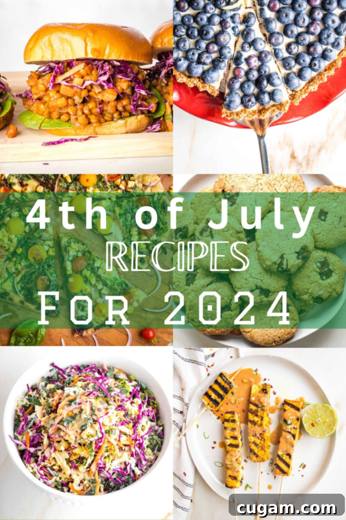Fresh & Flavorful 2025 Fourth of July Recipes 2 Collage of food photos with the words "4th of July Recipes for 2024" written across the center.