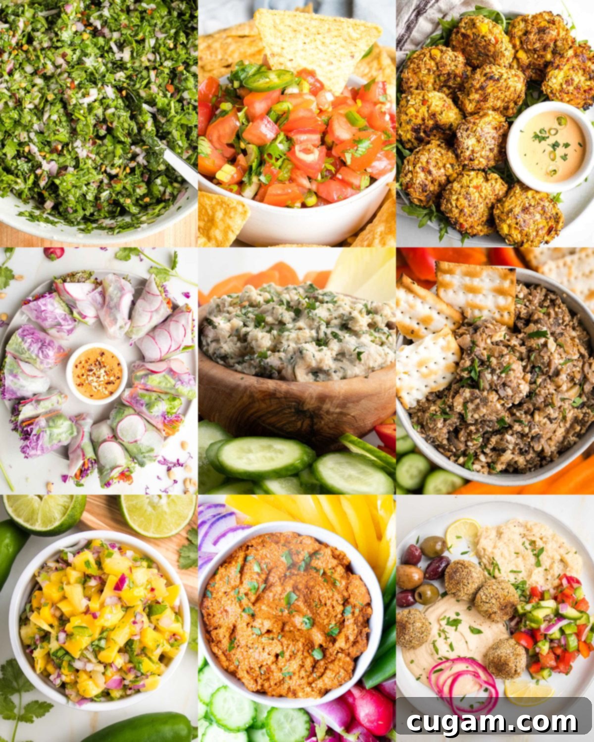 Fresh & Flavorful 2025 Fourth of July Recipes 3 Colorful photo collage with healthy appetizer recipe photos including mango salsa, spring rolls, dips, artichoke crab cakes and mediterranean dips.