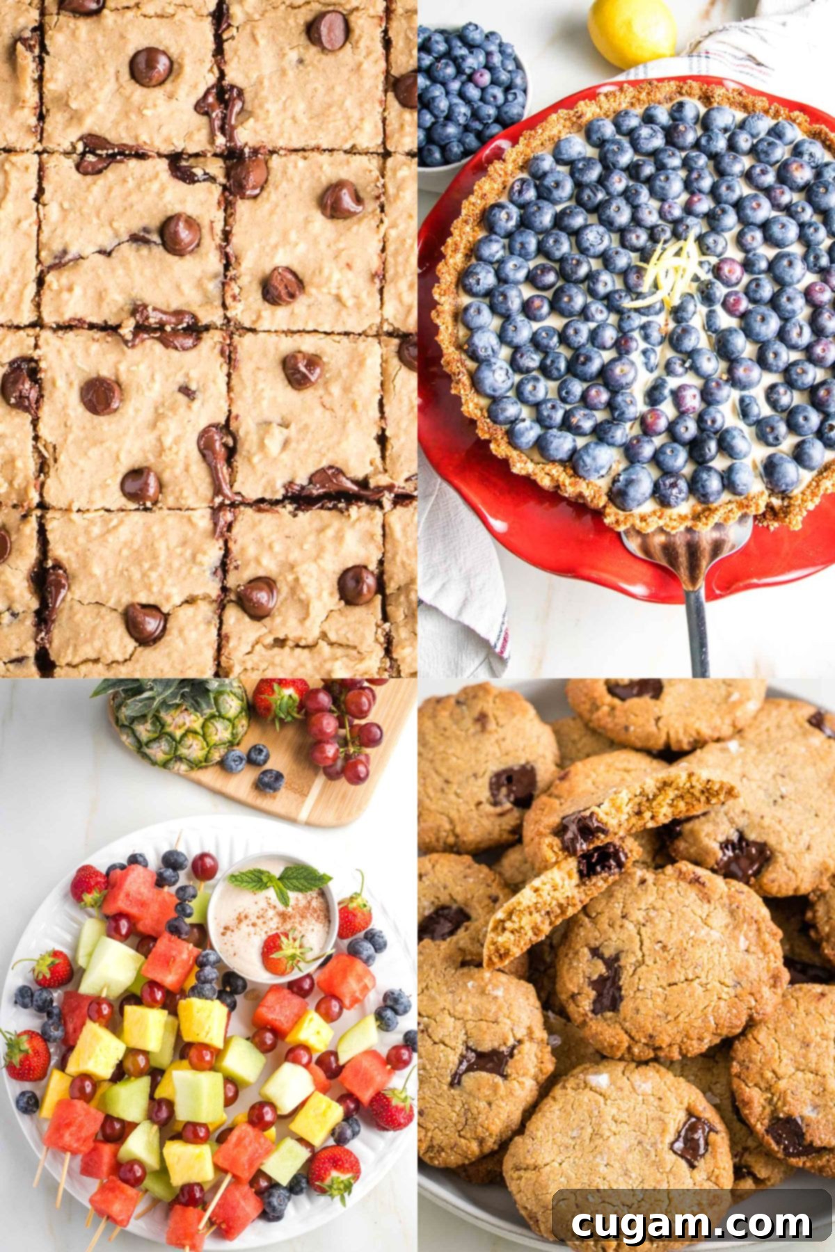 Fresh & Flavorful 2025 Fourth of July Recipes 4 Collage with blondies, blueberry tart, fruit kebobs and chocolate chip cookies.