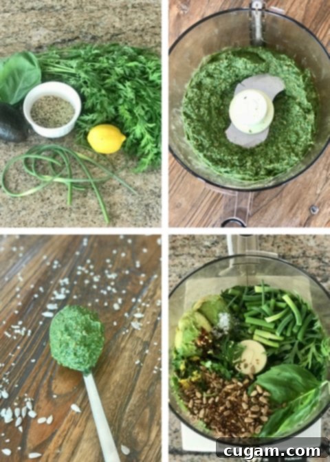 Freshly made carrot top pesto in a bowl, showcasing its vibrant green color and wholesome ingredients.