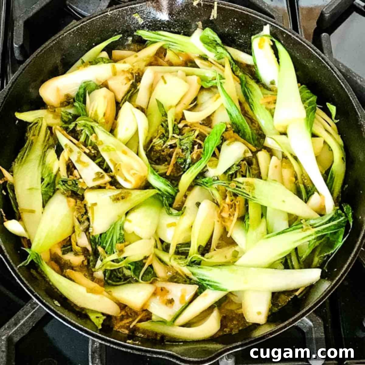 Aromatic Ginger Scallion Bok Choy 6 Cast iron skillet with cooked bok choy and garlic and ginger.