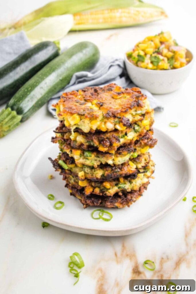 Stack of sweet corn fritters with pineapple mango salsa in the background along with fresh zucchini and an ear of sweet corn.