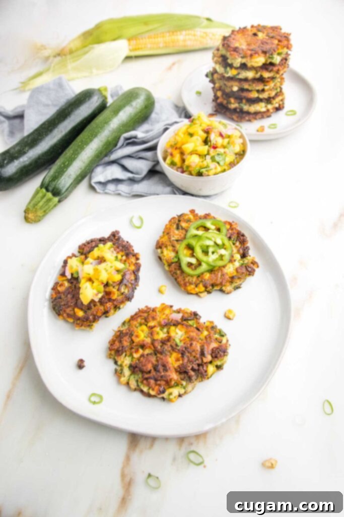 Three corn and zucchini fritters on a plate. A small bowl of mango salsa, plus a stack of fritter and some fresh zucchini and a cob of corn in the background.