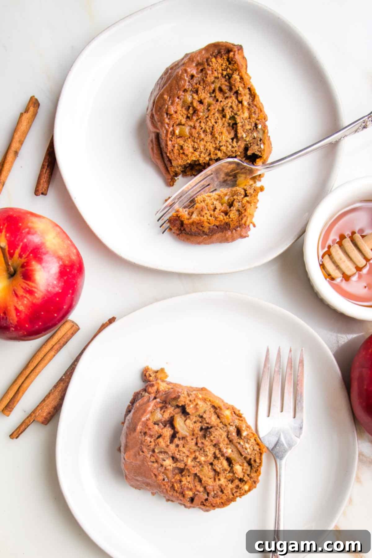 A close-up shot of a perfectly cut slice of apple honey cake on a white plate, with a fork gently cutting through its moist texture. Another slice in the background showcases the decadent chocolate frosting. The scene is further enhanced by whole, ripe apples, fragrant cinnamon sticks, and a small bowl of golden honey, setting a warm and inviting autumnal mood.