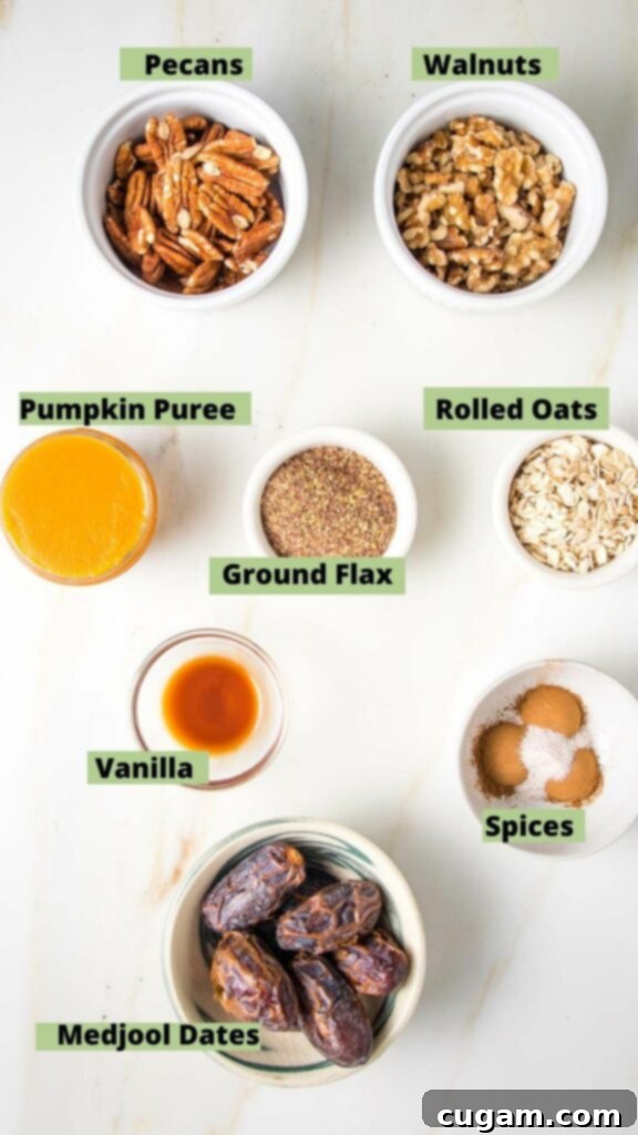Ingredients for pumpkin energy balls: labeled photos. Walnuts, Pecans, Pumpkin Puree, Ground Flax, Rolled Oats, Vanilla, Dates, Spices