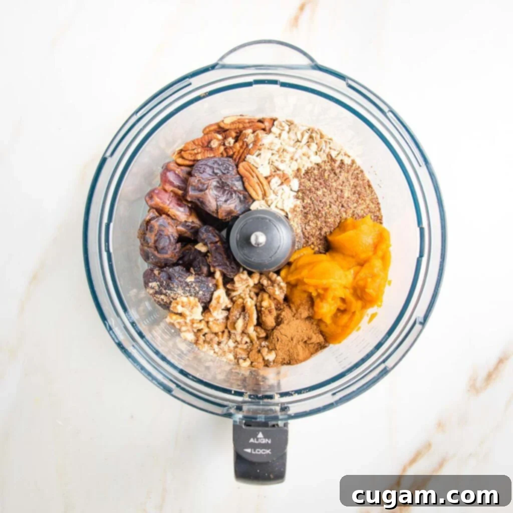 All ingredients for pumpkin balls are added into a food processor for blending.
