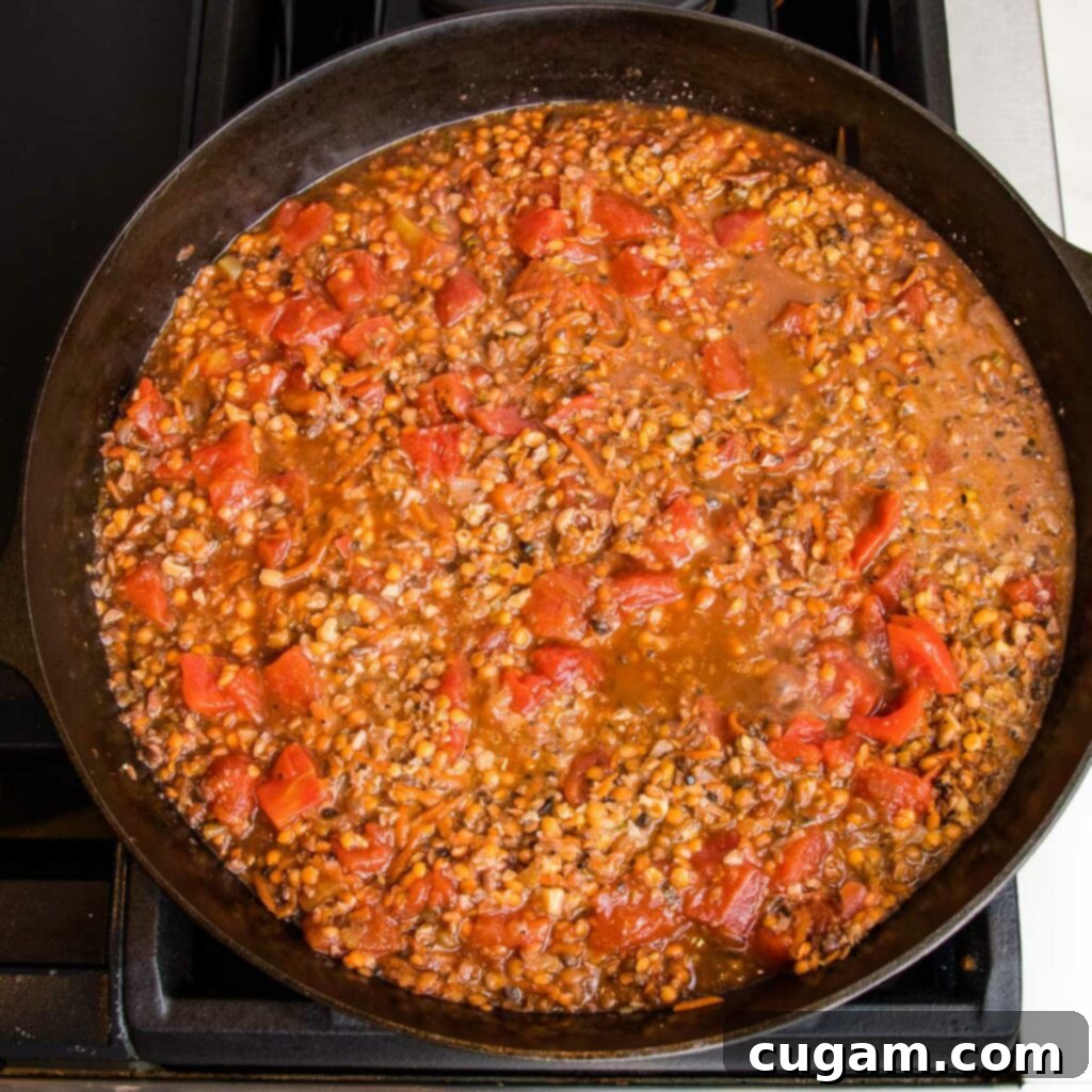 Chunky vegan bolognese simmering inside a cast iron skillet.