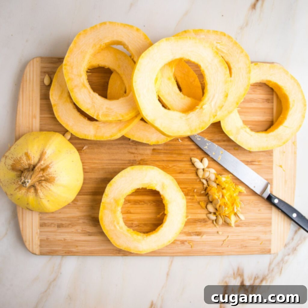 Cut out the seedy center of spaghetti squash rings.