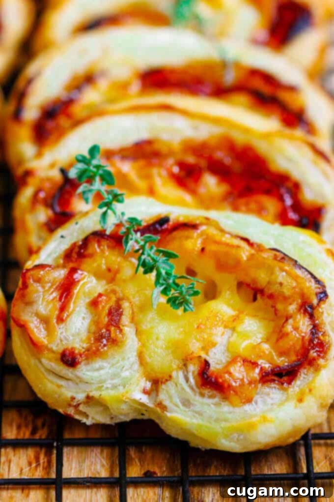 Close-up of Mahon-Menorca Pinwheels with fig jam and Serrano ham on a platter, showcasing the golden-brown pastry and flavorful filling.