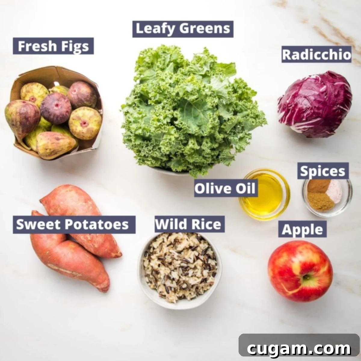 Assortment of fresh ingredients for harvest salad including kale, radicchio, figs, sweet potatoes, and apples.