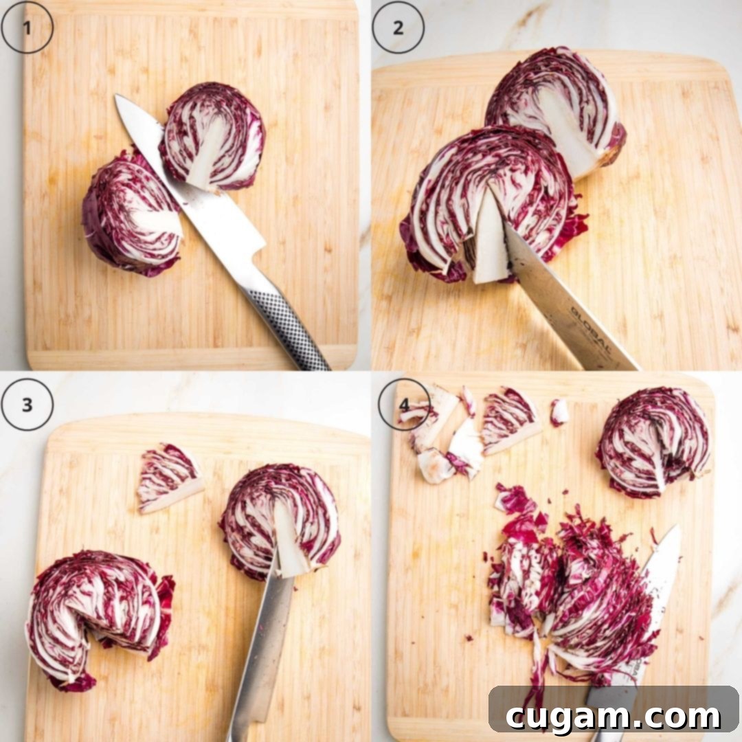 Grid of 4 photos showing how to prep radicchio for salad: 1) cut in half. 2) Cut out the core. 3) Cut the core out of other half. 4) place cut side down and thinly slice.