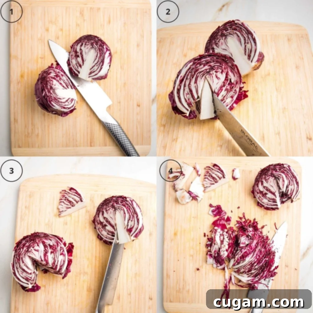 grid of 4 photos showing how to prep radicchio for salad: 1) cut in half. 2) Cut out the core. 3) Cut the core out of other half. 4) place cut side down and thinly slice.