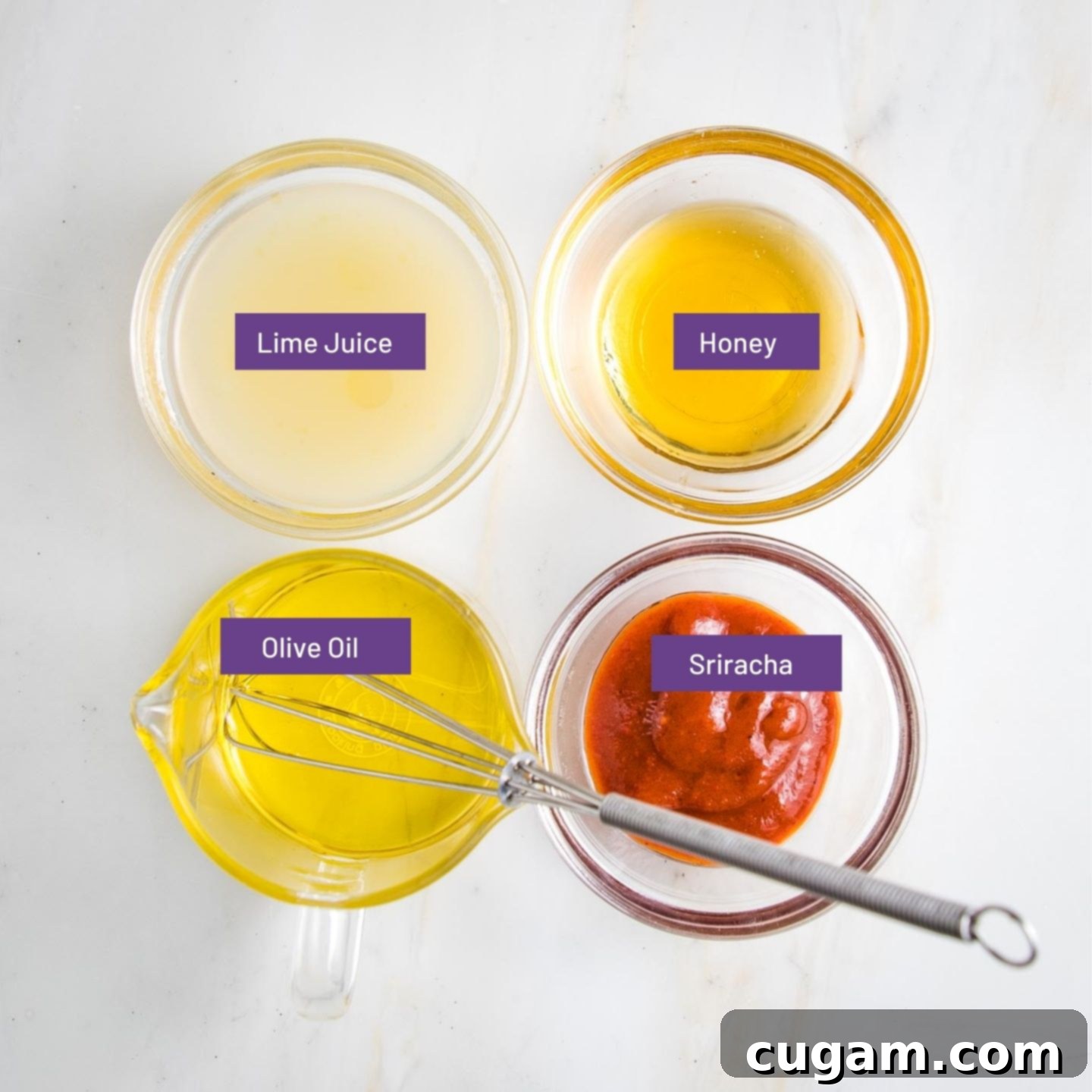 Labeled small glass bowls: lime juice, honey, olive oil, sriracha.