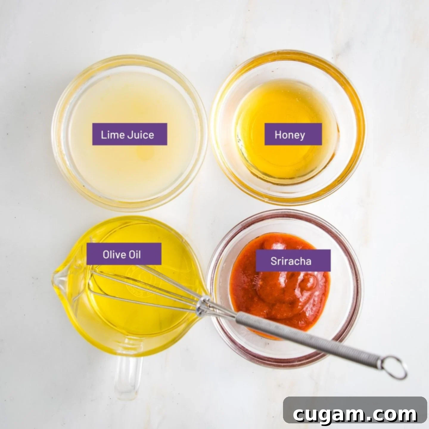 Labeled small glass bowls: lime juice, honey, olive oil, sriracha.