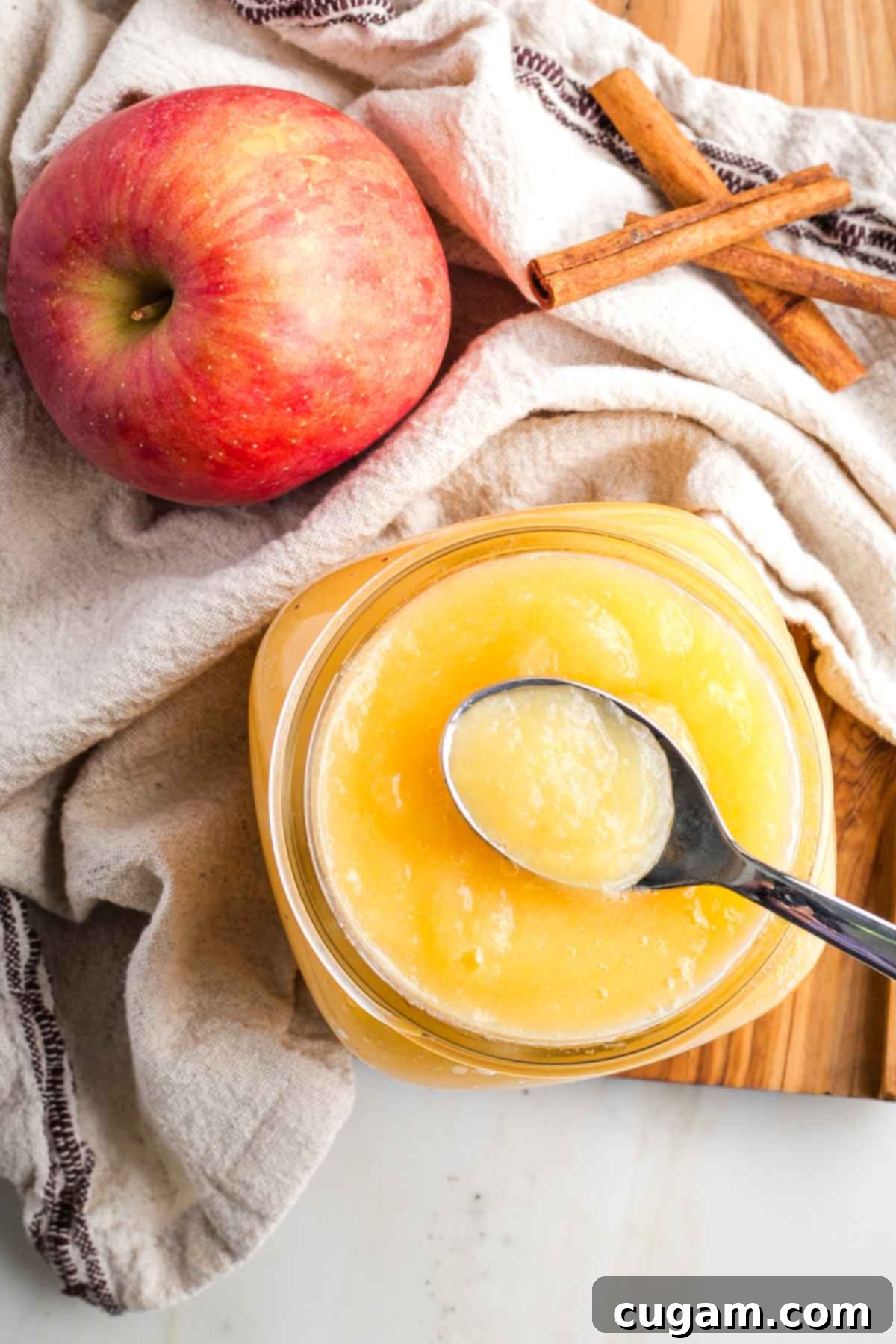 Homemade Sugar-Free Applesauce 2 Jar of applesauce with an apple and cinnamon sticks in the background.