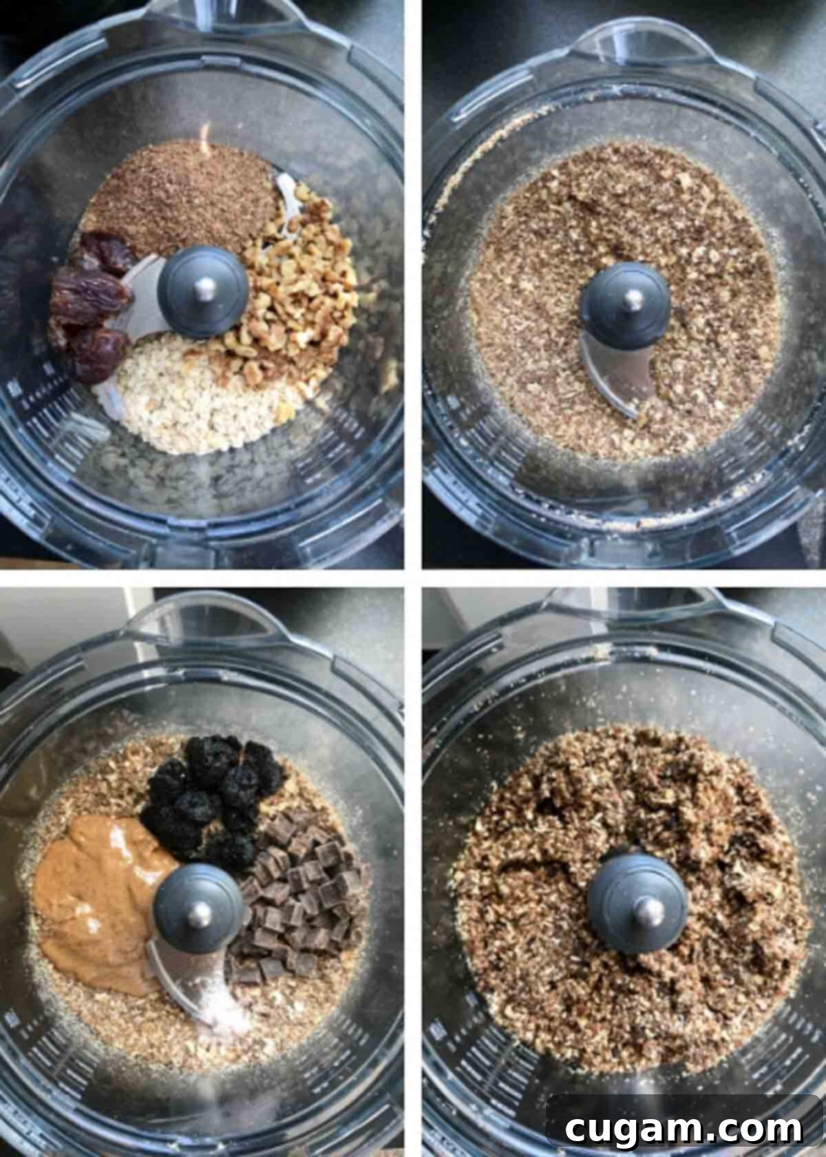 A collage of photos demonstrating the step-by-step process of making energy balls in a food processor, showing ingredients before and after pulsing.