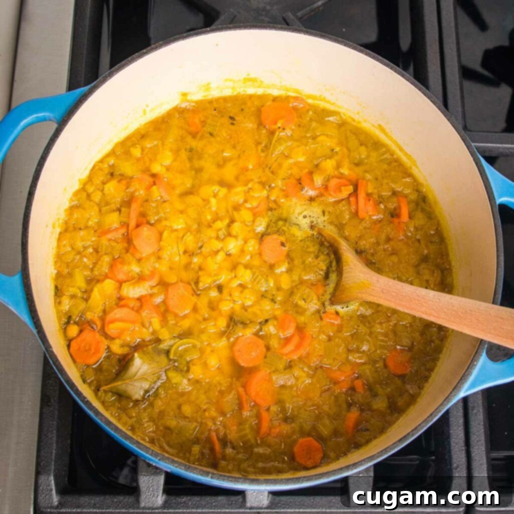 Split pea soup simmering in a Dutch oven until peas are tender.