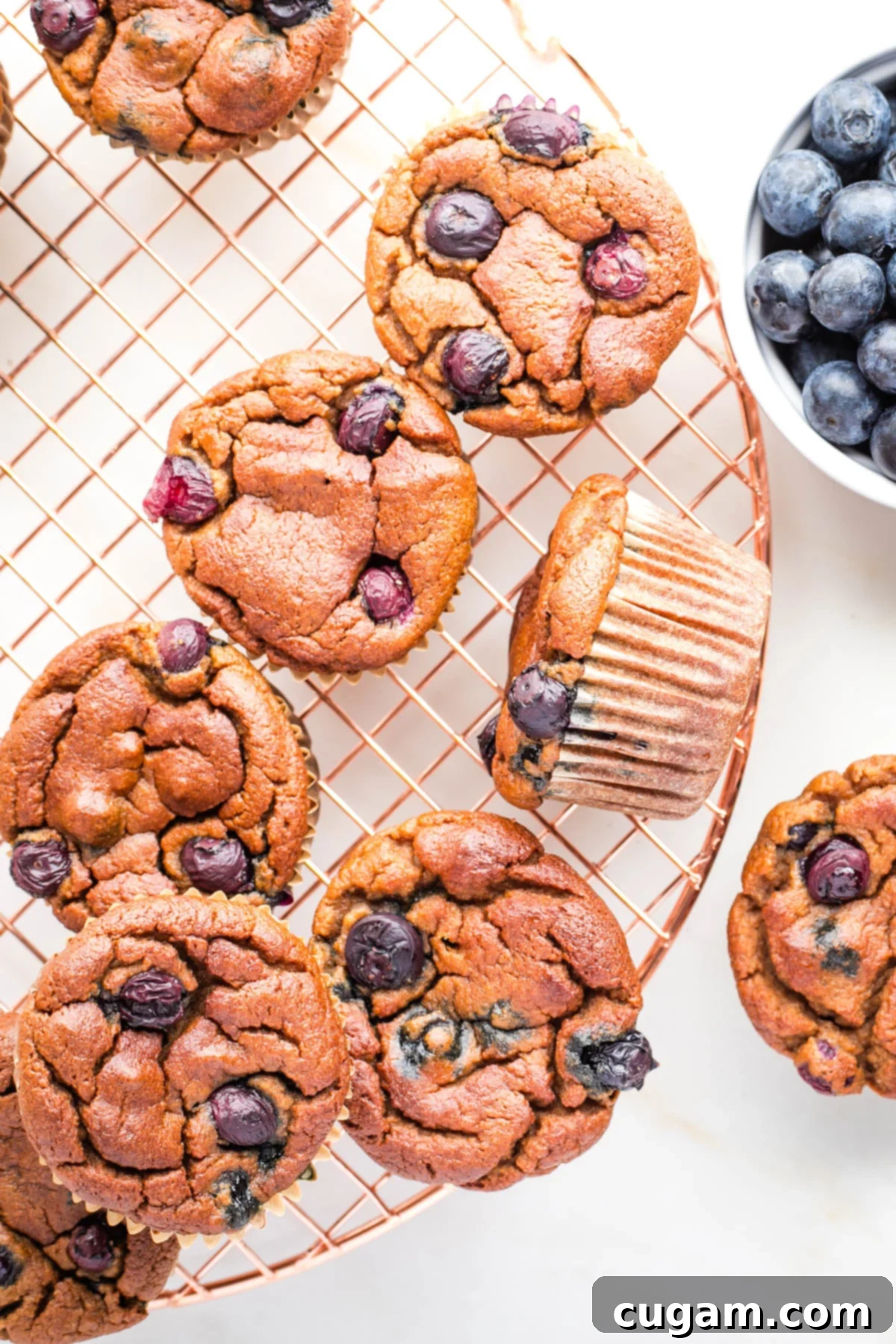 Freshly baked gluten-free blueberry muffins cooling on a wire rack, with a bowl of vibrant blueberries beside them.