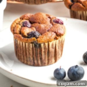 A single blueberry muffin with a few loose blueberries on a white plate, highlighting its delicious appeal.