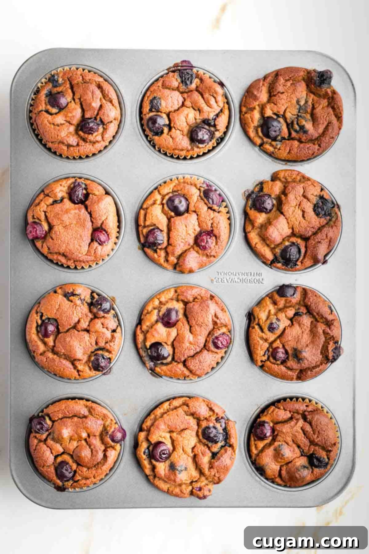A muffin tin filled with unbaked blueberry muffins, ready to be placed in the oven.