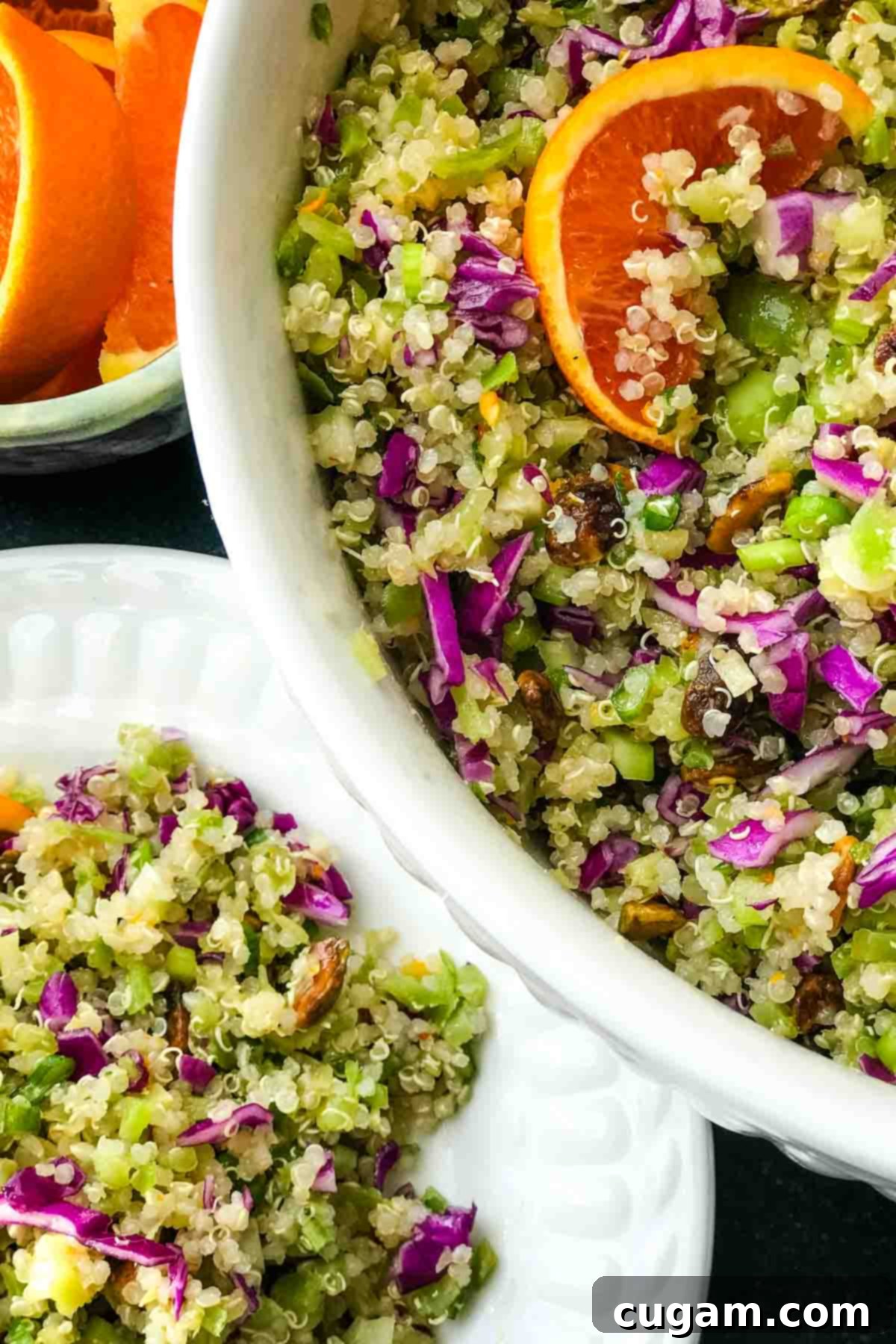 Close-up of the finished Riced Broccoli and Quinoa Salad, garnished with fresh orange slices, ready to be served. It highlights the vibrant colors and appealing textures.