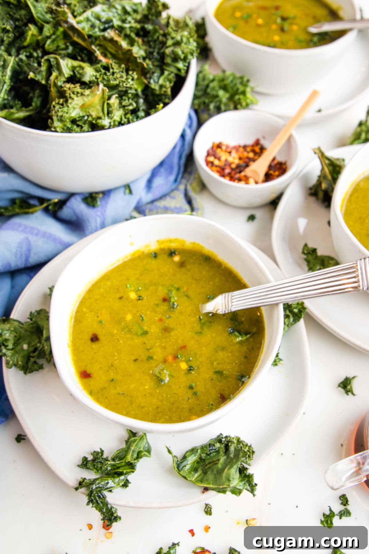 A pristine white bowl brimming with velvety pureed kale soup, artfully garnished with fresh herbs and a dash of red pepper flakes. In the soft-focus background, a small bowl of crunchy homemade kale chips adds a delightful textural element, inviting a warm and comforting meal.
