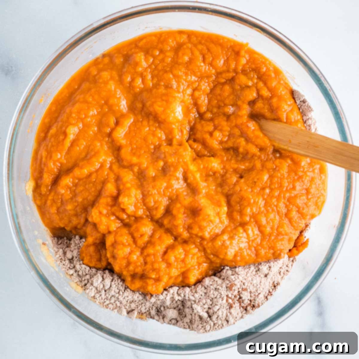 Chocolate powdery dry ingredients plus pumpkin mixture in a glass mixing bowl. 