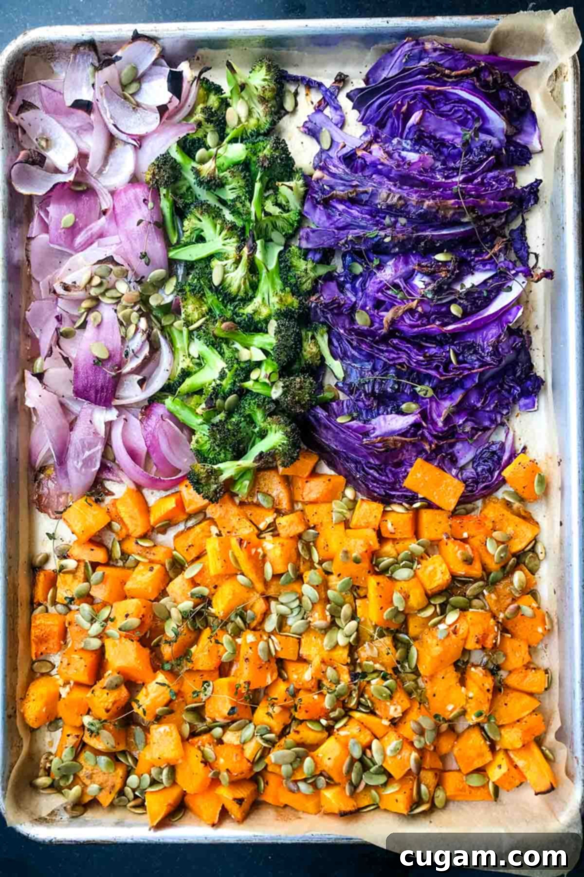 Sections of roasted butternut squash, purple cabbage, onion and broccoli.