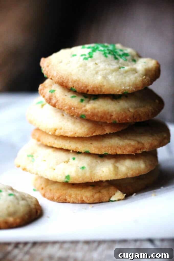 Classic 5-Ingredient Butter Vanilla Cookies freshly baked, stacked on a white plate, ready to be enjoyed. A perfect simple dessert.