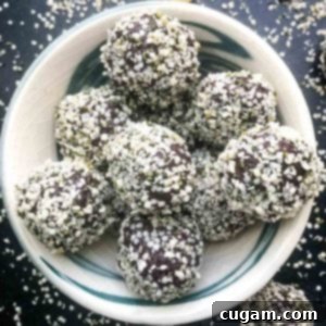 Chocolate balls, coated in hemp seeds, in a bowl, surrounded by scattered hemp seeds.