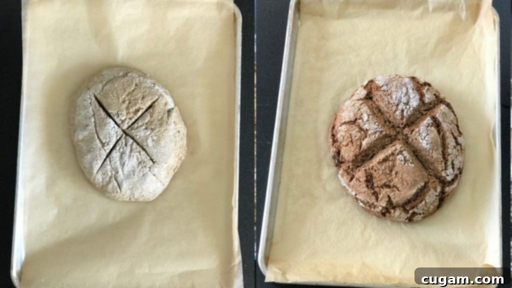 Before and after baking Whole Grain Irish Soda Bread, showing the transformation from raw dough to a crusty loaf