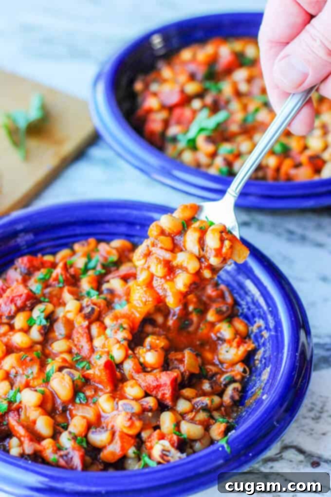 two plates with breton beans, sausage and tomato sauce with hand holding spoon with beans
