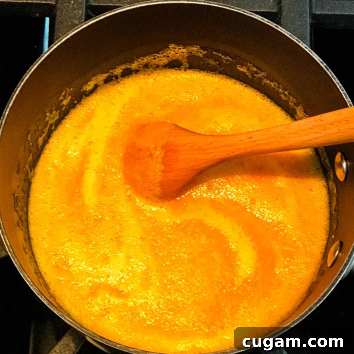 Orange juice plus maple syrup and orange zest in a sauce pan. 